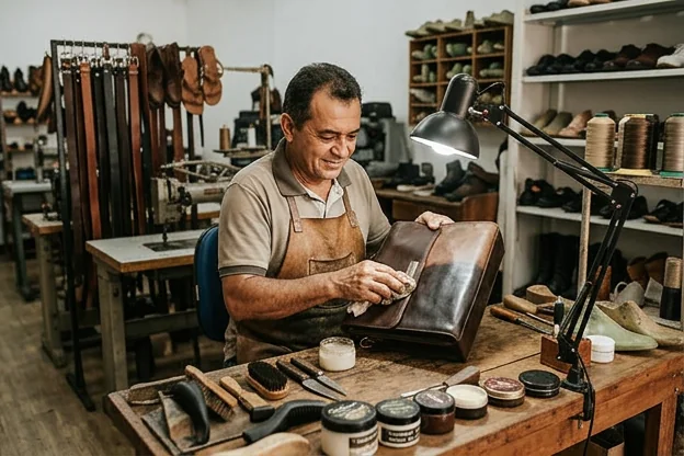 Bolsa de couro sendo limpa e cuidada em Arapiraca.
